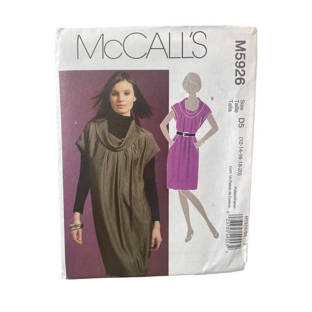 McCalls M5926 Sewing Pattern Misses Size 12-20 White Cowl Neck Dress Uncut
